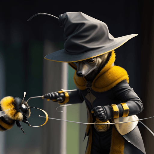AI generated: a bumblebee wearing a wizard's hat fencing against a greyhound