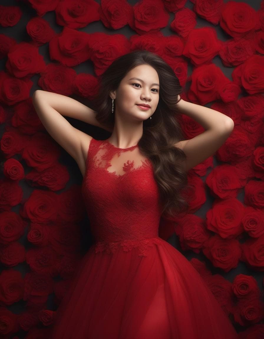 AI generated: Award winning Photo, Modelshoot Style, RAW, single girl, party dress, wavy silver hair, red eyes, fl...