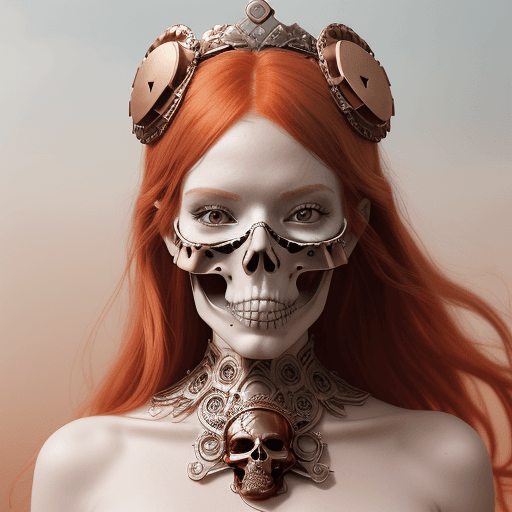 AI generated: photo portrait of a red haired woman wearing a skull and bone mask, in the style of rose gold and wh...