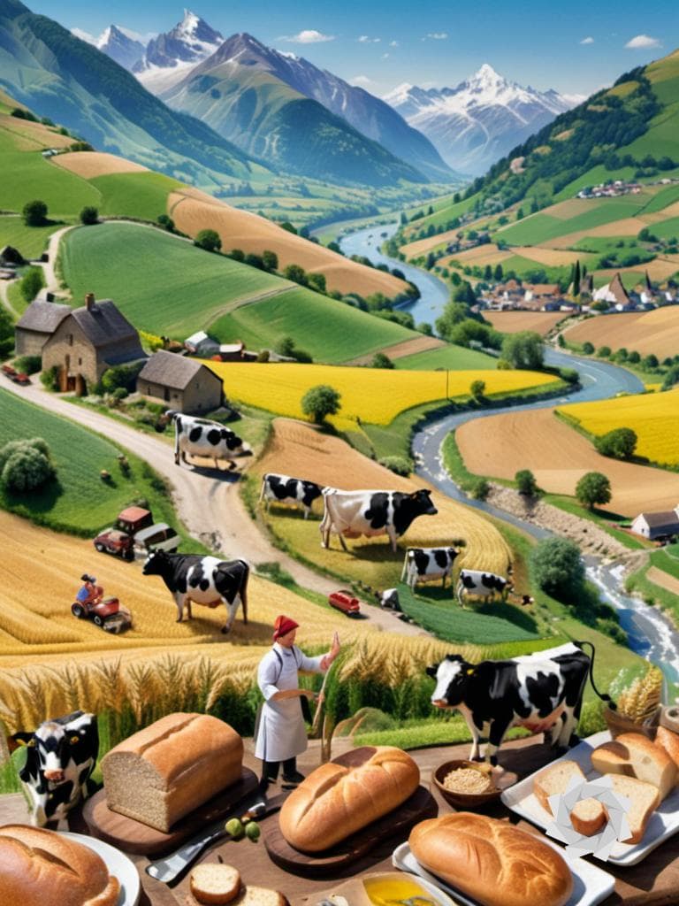 AI generated: Poster with the theme of culinary adventure. Creamy vegetation in the background forms mountains, ri...