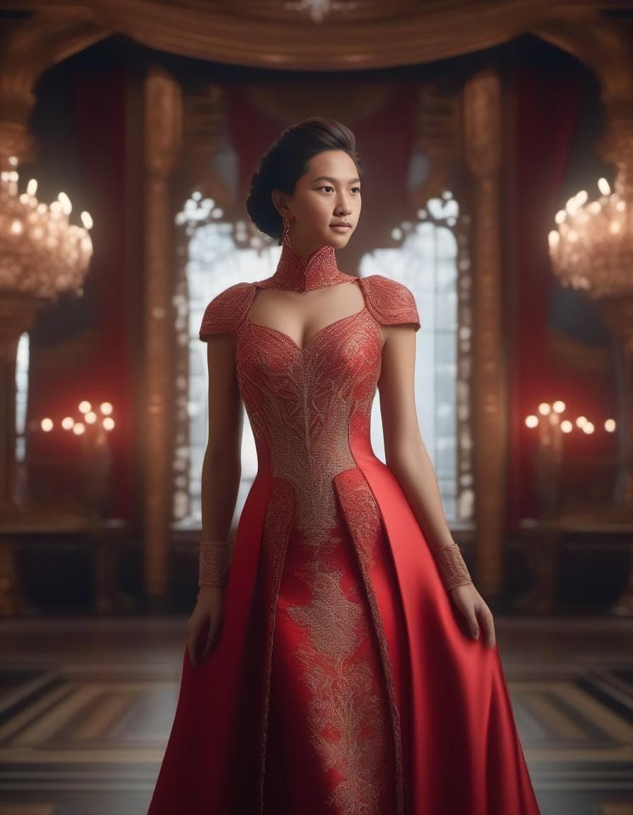 AI generated: gorgeous woman in red dress made with rubies and sparkling diamonds with intricate details, fashion ...