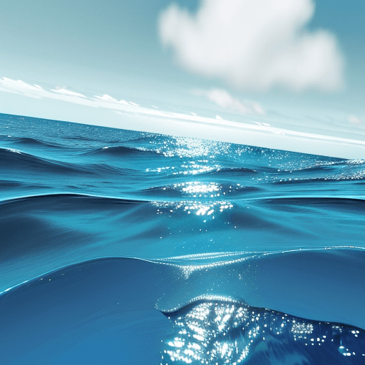 AI generated: view from the water surface of an ocean with no waves, a distant horizon, and hazy clouds the same c...