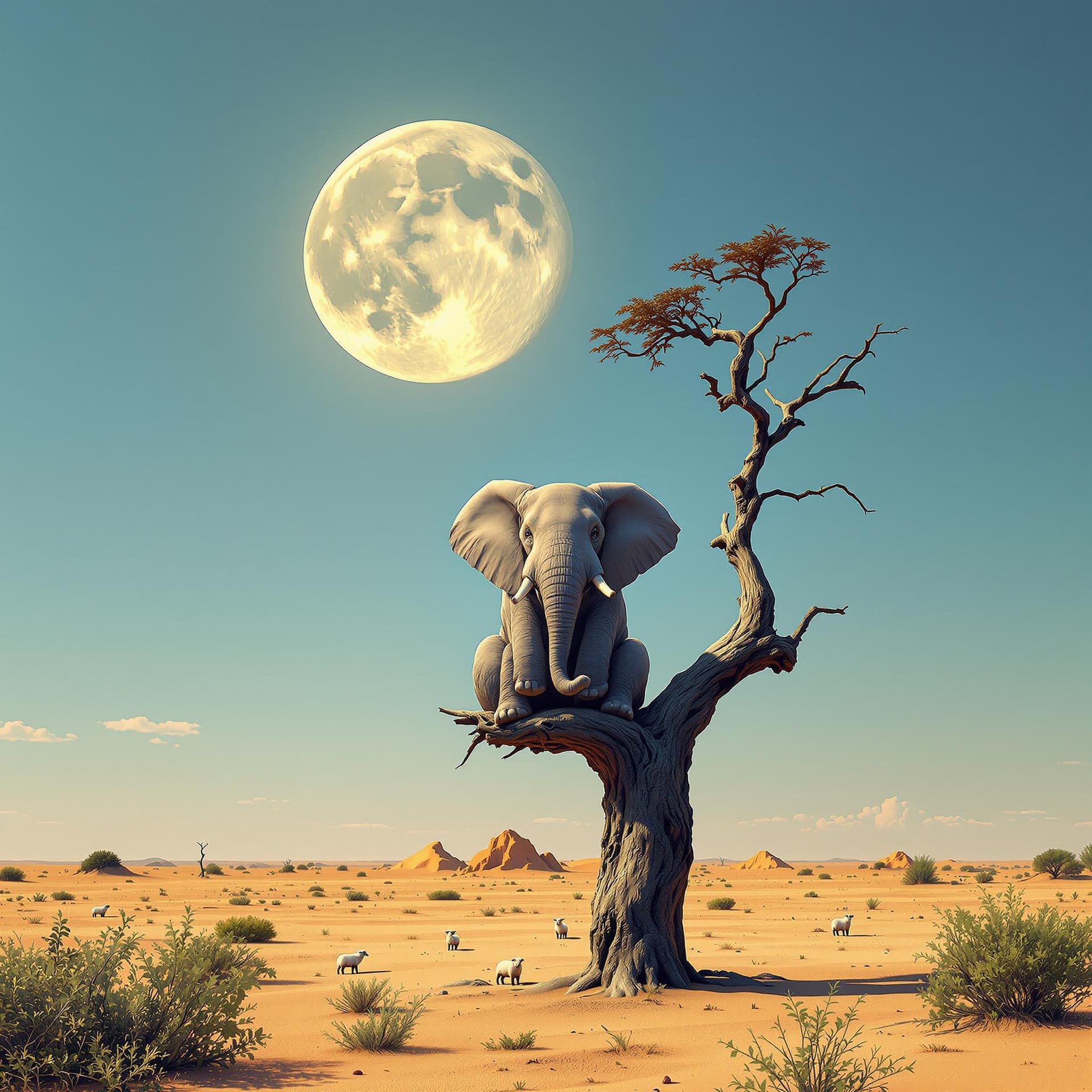 AI generated: A surreal depiction of an elephant, facing away the viewer, sitting on a thin, fragile looking bare ...