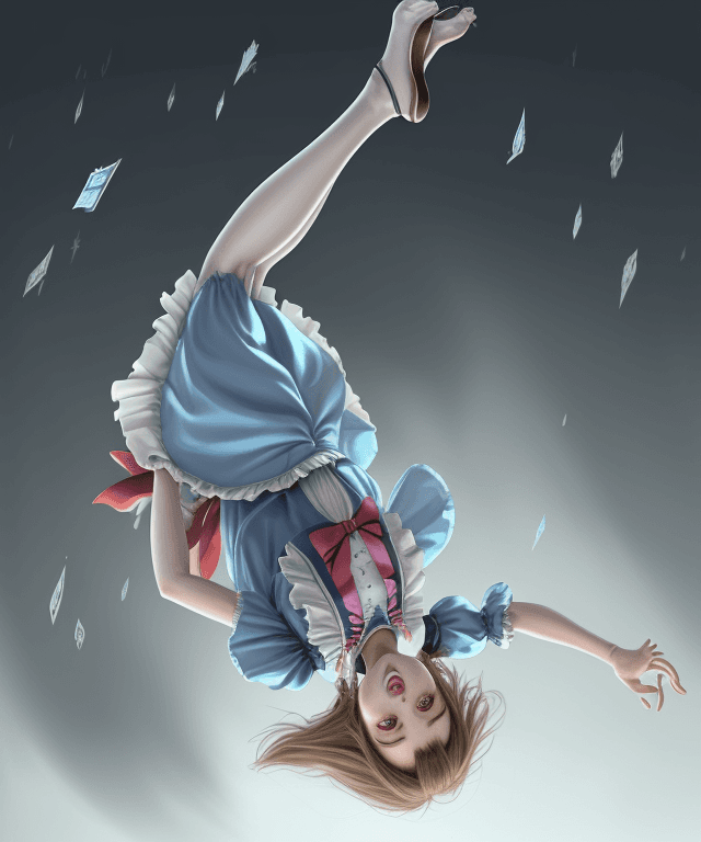 AI generated: realistic drawing 
alice from alice in wonderland falling from the sky horizontally 
body and head f...