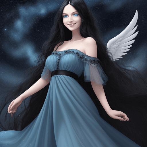 AI generated: A woman with long black wave hair and sky blue eyes is smiling like an angel in a dress of a fantast...