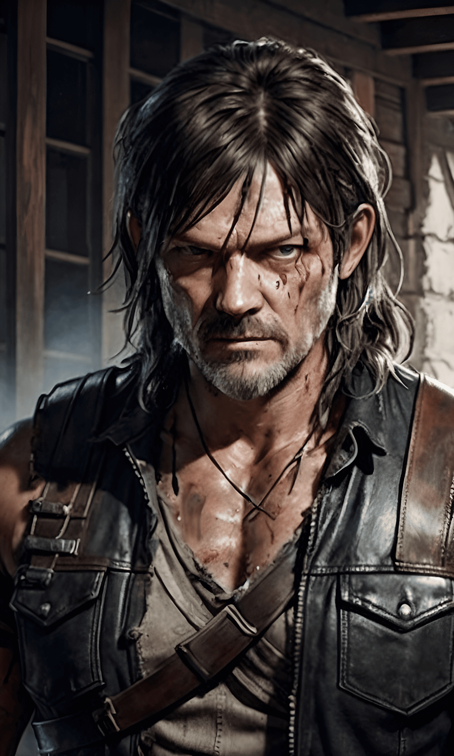 AI generated: A portrait an aggressive edgy Daryl Dixon, menacing touch to his overall appearance, strong fit with...