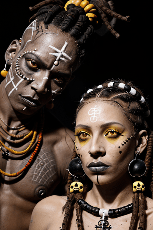 AI generated: A male and a female voodoo priests, performing voodoo ritual, dark complexion, voodoo symbols on fac...