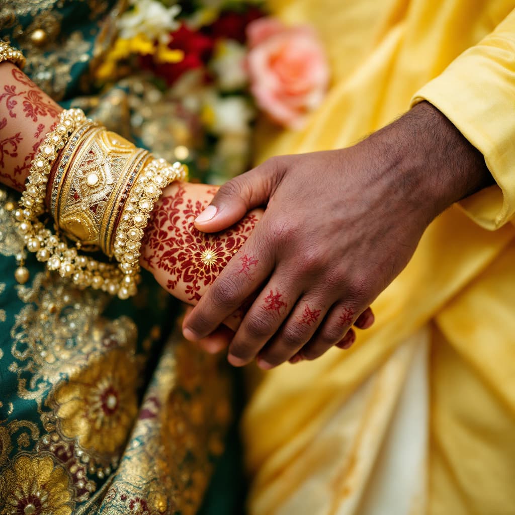 AI generated: Closeup image of Kerala couple holding hands on their wedding function. Girls hands without mehandi,...