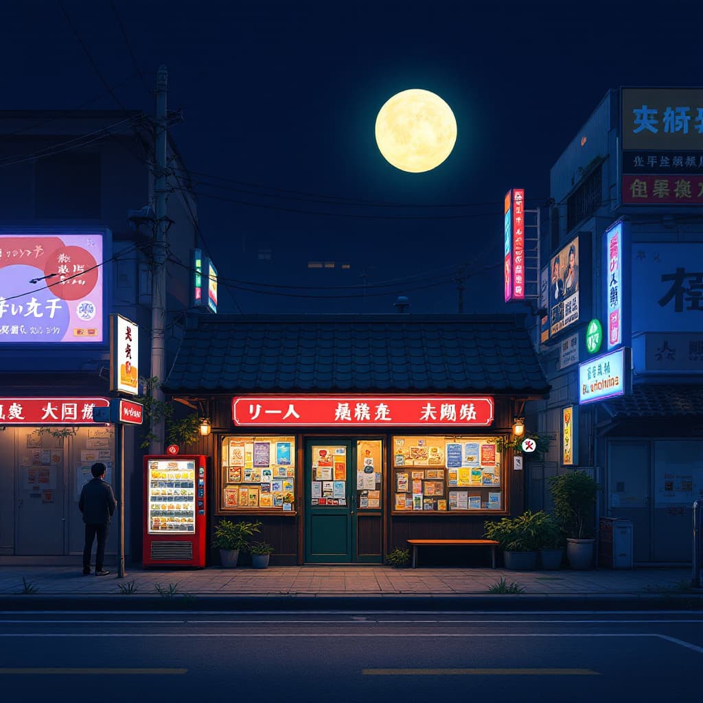 AI generated: A nighttime scene of a small Japanese-style storefront, illuminated by warm interior lighting and a ...