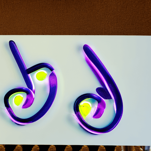 AI generated: neon green and purple feathers, shaped like music notes, white background