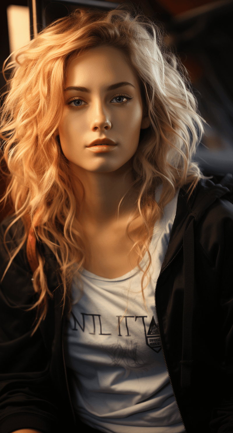 AI generated: girl with blond hair in black and a white, in the style of eve ventrue, vacation dadcore, photo-real...