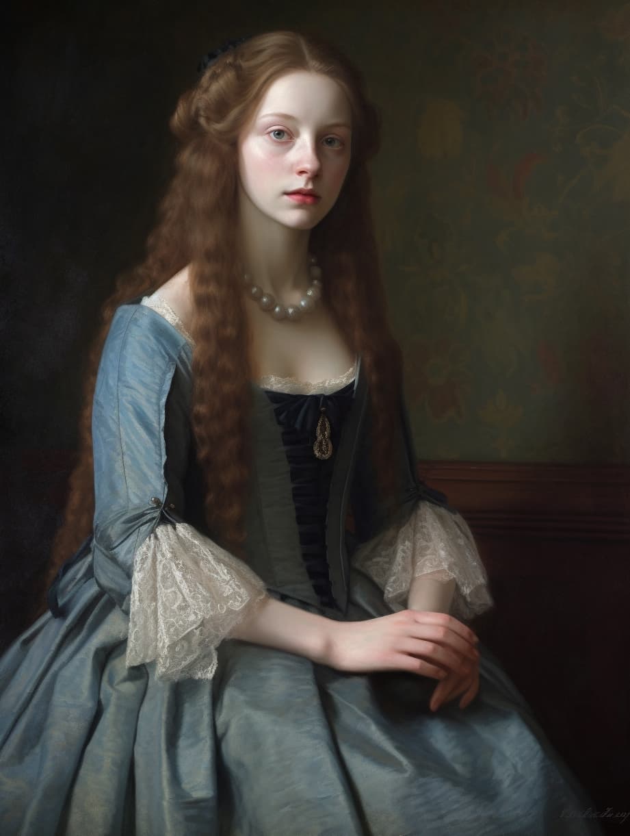 AI generated: Portrait en buste 18 years old girl long hair, fine facial features model in georgian round dress by...