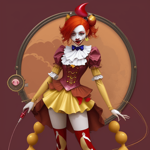 AI generated:  a woman dressed as a clown with red hair, in the style of magical girl, colorful moebius, light yel...