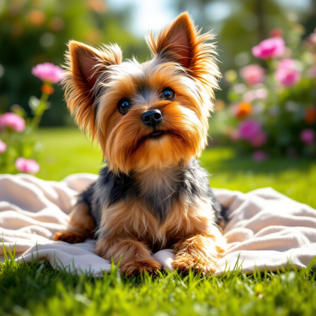 AI generated: Describe a playful Yorkshire Terrier sitting in a sunny garden, surrounded by colorful flowers and l...