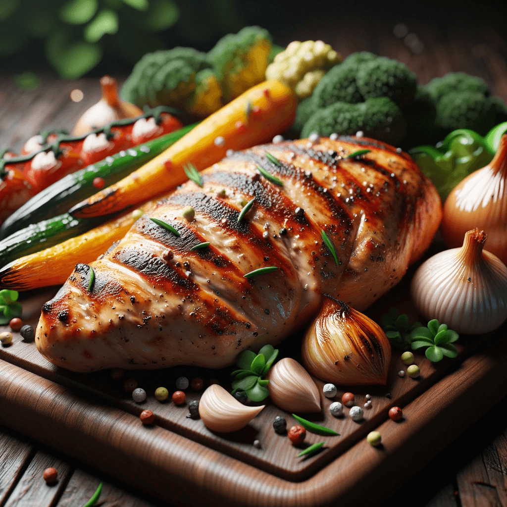 AI generated: Photo-realistic 3D image of a succulent grilled chicken breast on a wooden board, accompanied by roa...