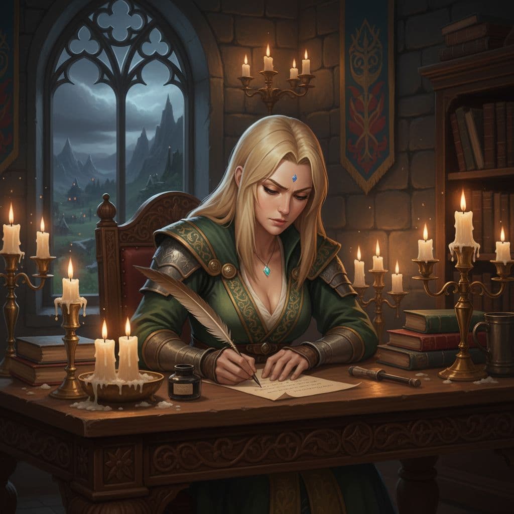 AI generated: Tsunade senju  in medieval dress writing a letter with candles and candles, fantasy art behance, fan...