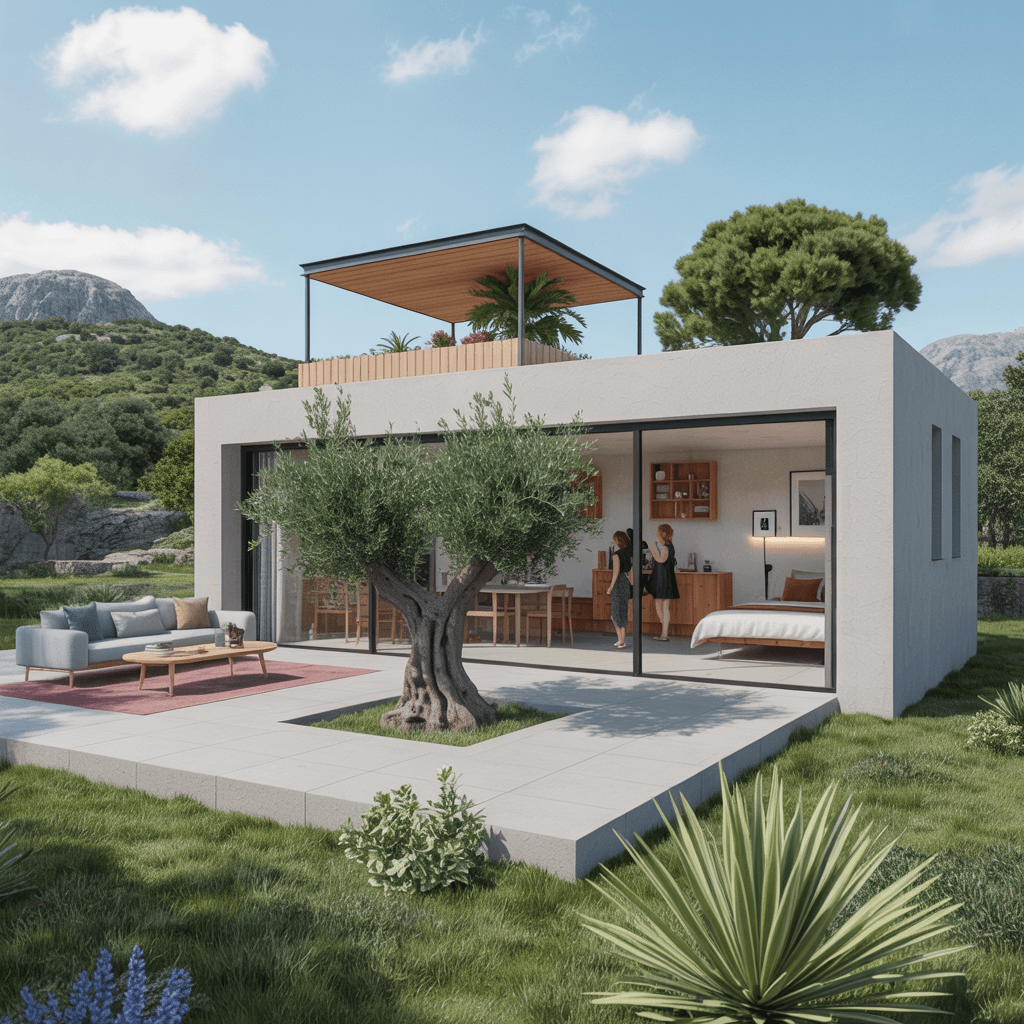AI generated: The plan of a small energy autonomous house 25m².  Open patio with an olive tree in the centre. The ...
