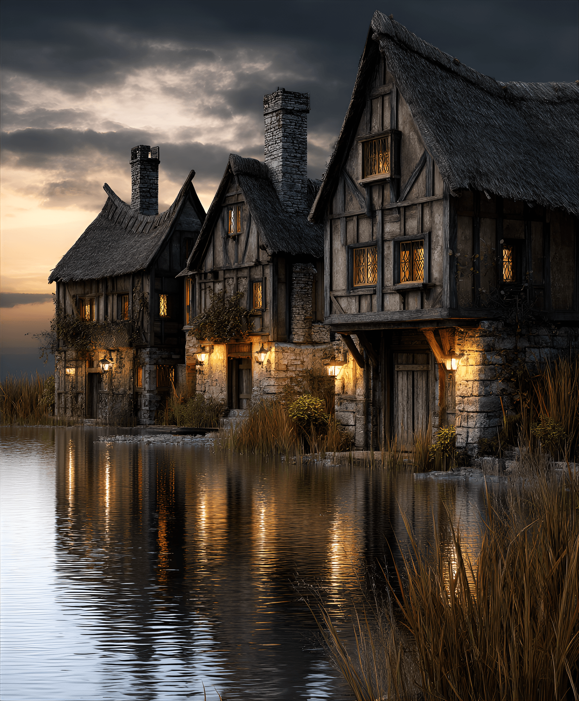 AI generated: Medieval serf cottages, timberframed, strawthatched roofs, clustered around a communal pond, rustic,...