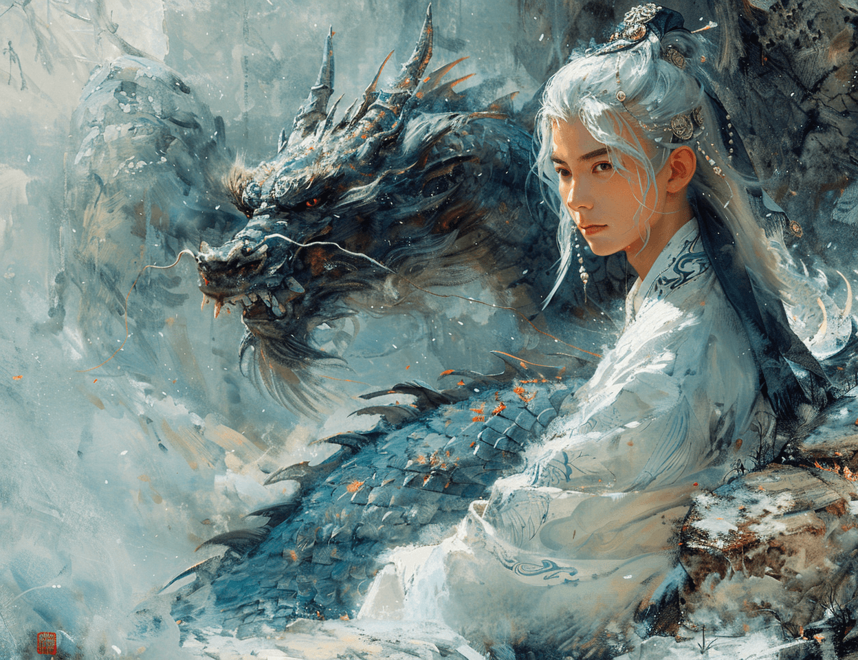 AI generated: a Chinese boy with white hair living in a cave, a celestial being, wears white Daofu, has a headband...
