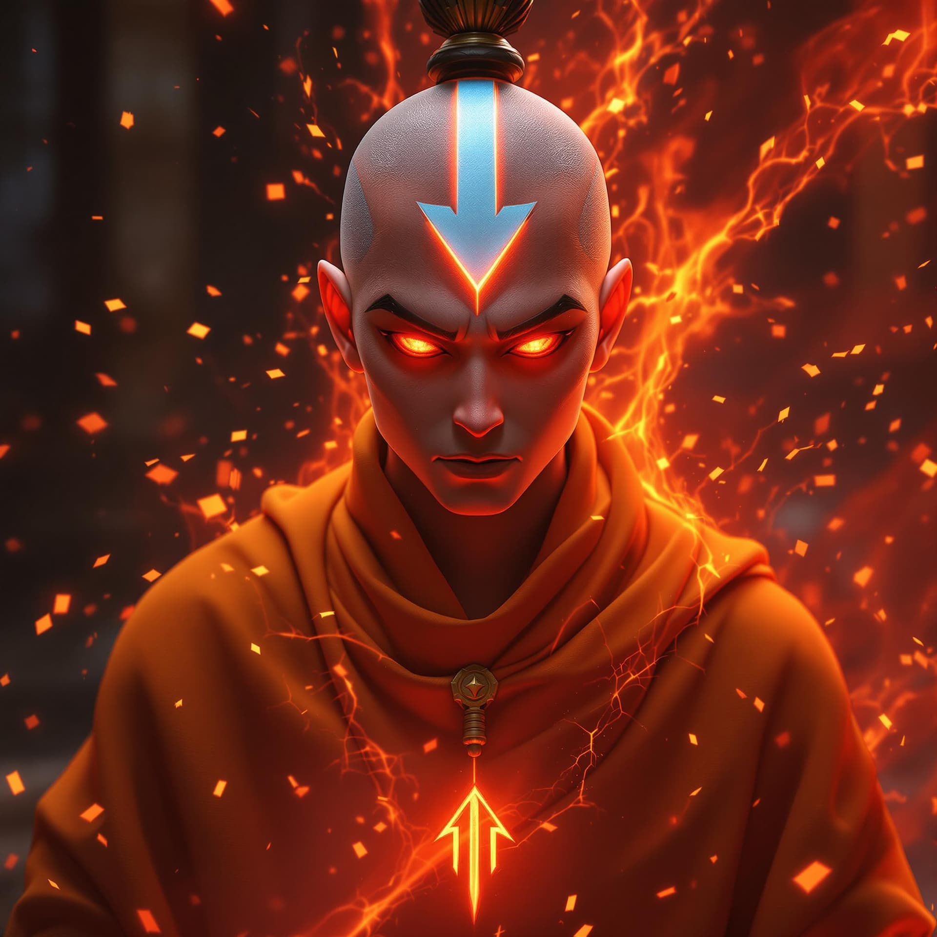 AI generated: avatar aang, the last airbender, in the style of furaffinity, orange robes, red, #vfxfriday, massurr...