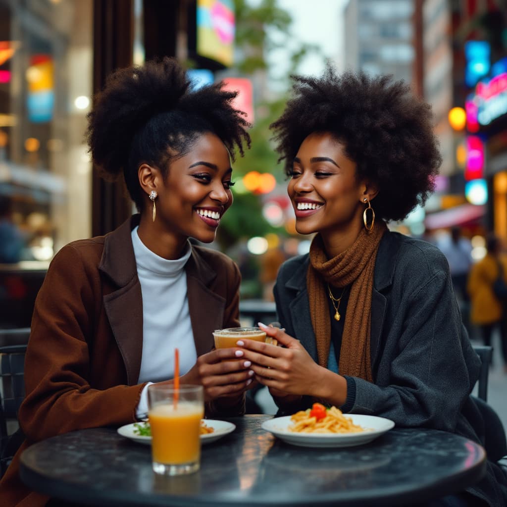 AI generated: Two modern black women having lunch in the heart of a bustling city