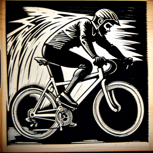 AI generated: Black and white woodcut print of bike rider
