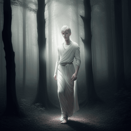AI generated: mystical and beautiful woods, young white boy, dark short hair, full body, mystic light, incandescen...