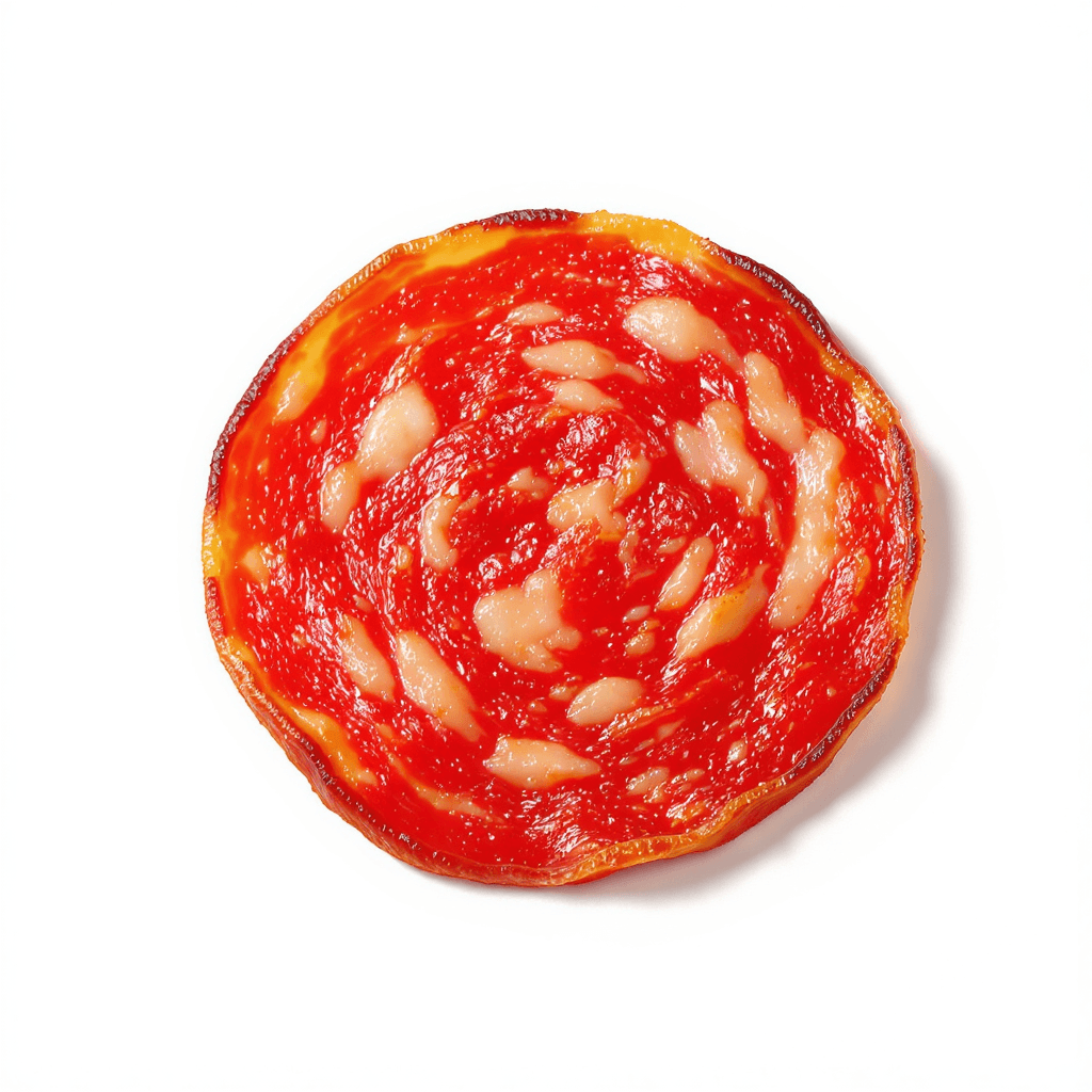 AI generated: A single slice of pepperoni, isolated on a clean white background. Hyper-realistic and highly detail...
