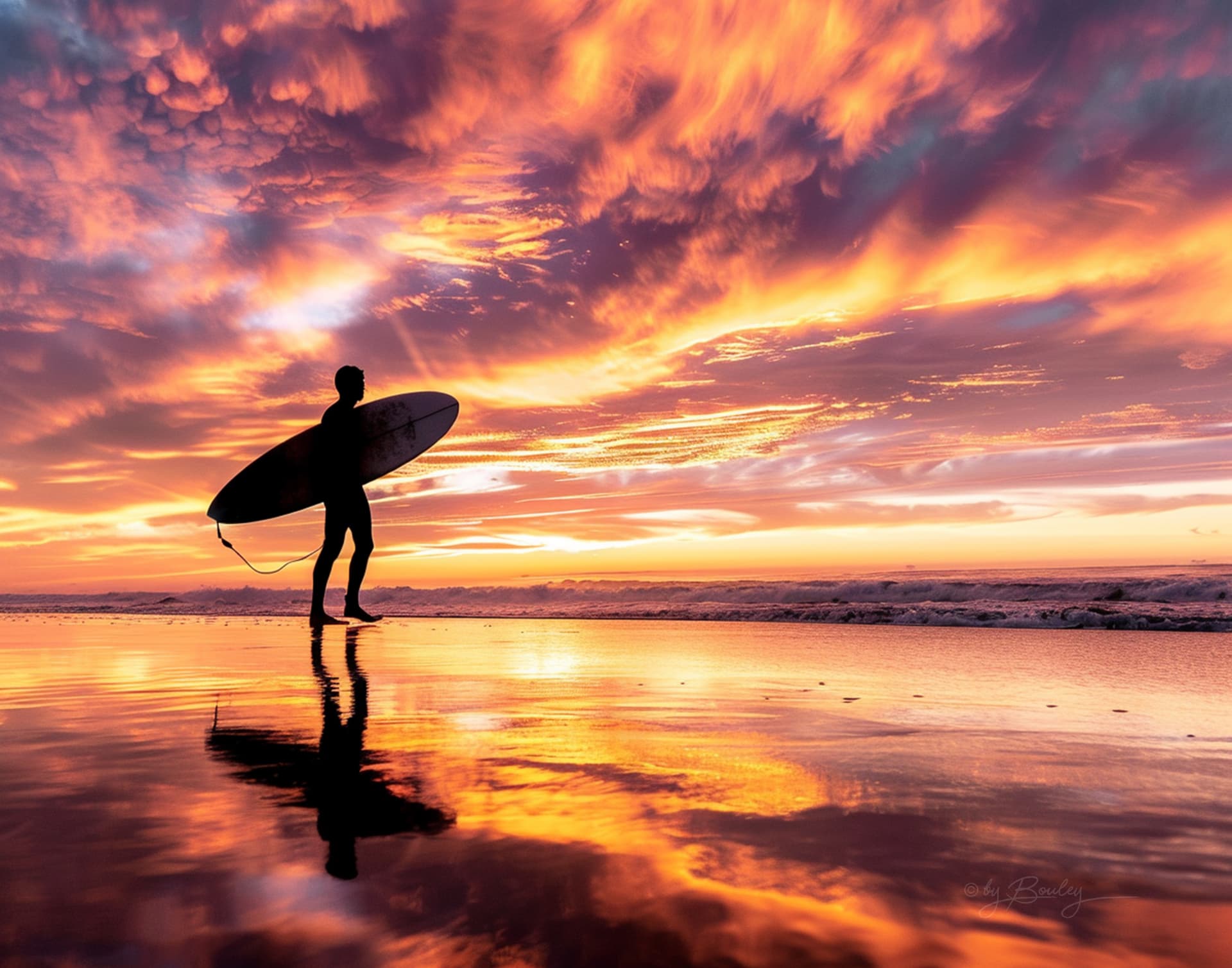 AI generated: a silhouette of a surfer carrying his surfboard, walking along the beach at sunset, ocean, --ar 5:4 ...