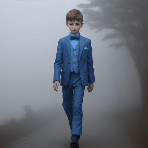 AI generated: photo of a boy walking in the fog in a blue suit