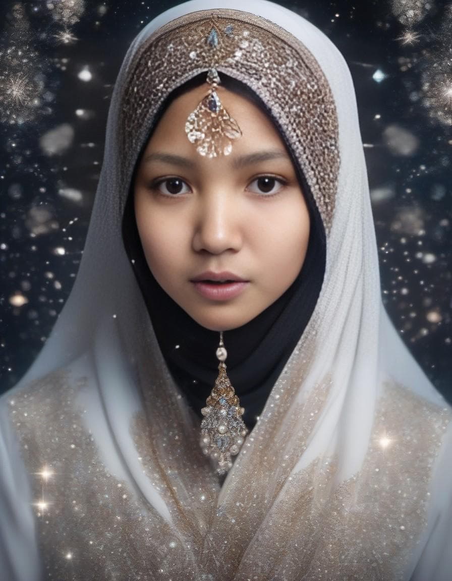 AI generated: Muslim hijabi women covered in diamonds, hyper realistic, floating in the universe --ar 9:16