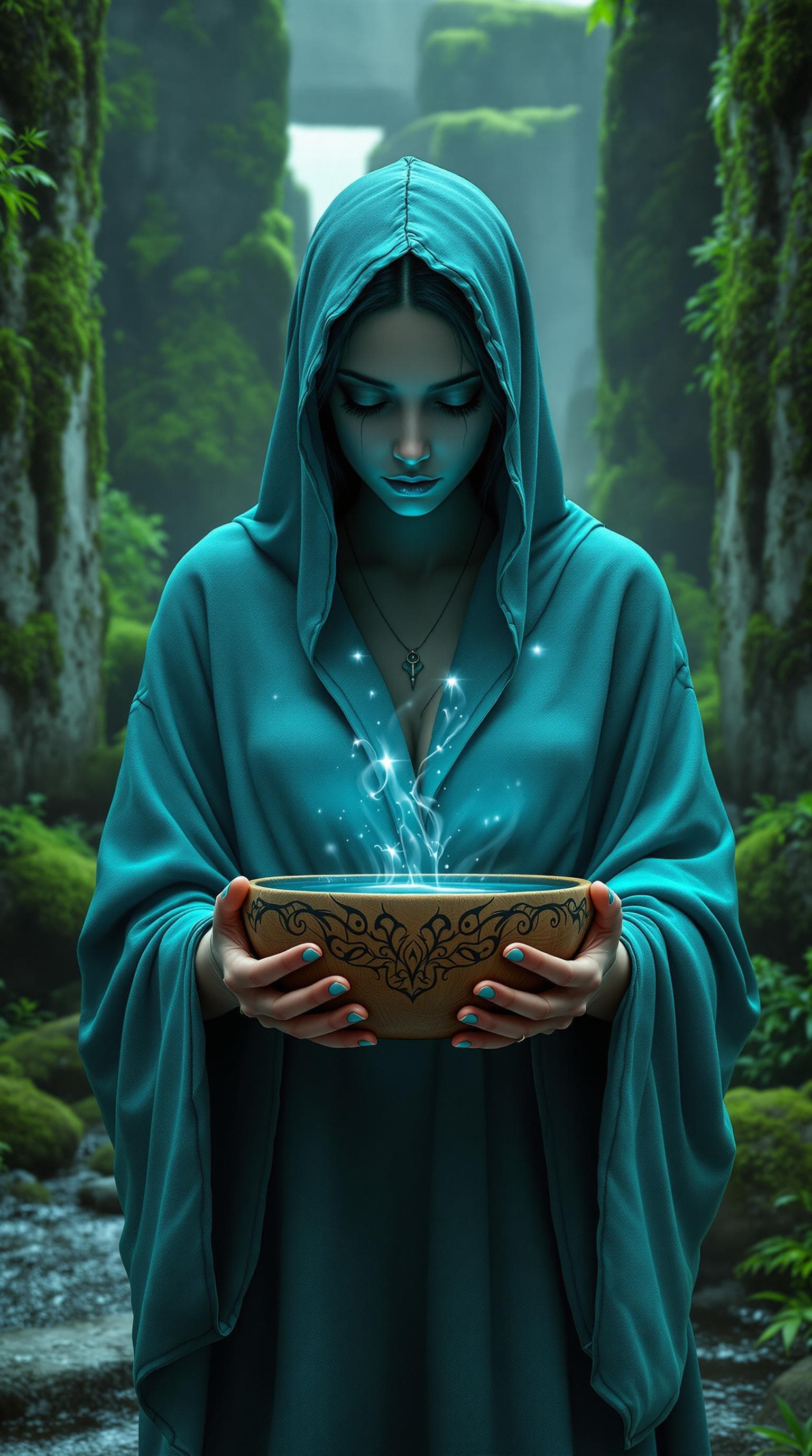 AI generated: "Create a stunning, hyper-realistic image of a faceless woman wearing a teal hooded robe, holding a ...