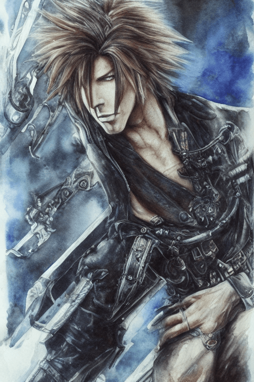 AI generated: Squall Lionhart, Final fantasy VIII, intricate details, watercolor, H.R. Giger