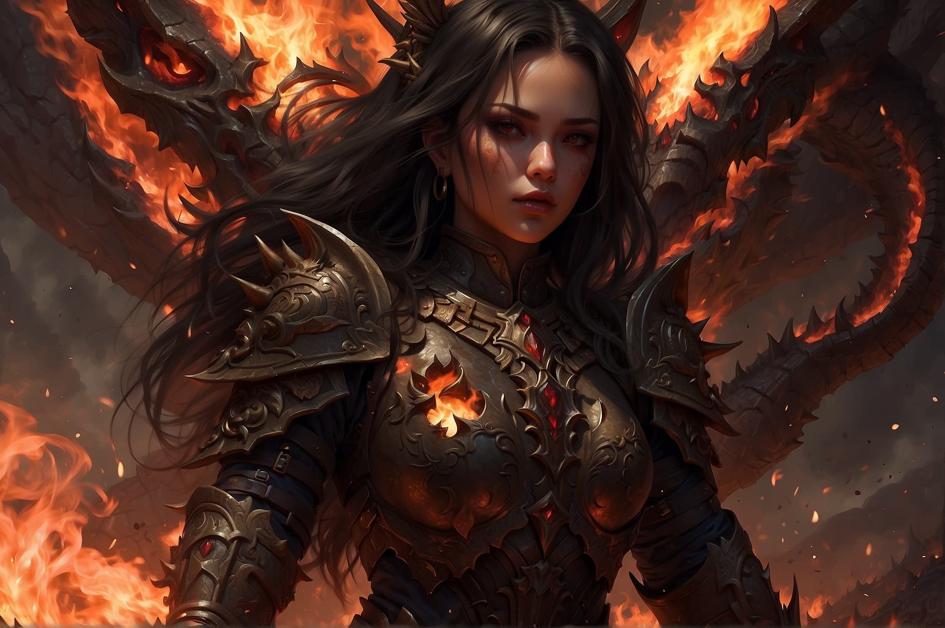 AI generated: Realistic women with black scary armor, Holding fire Sword, human face, long hair, perfectly detaile...