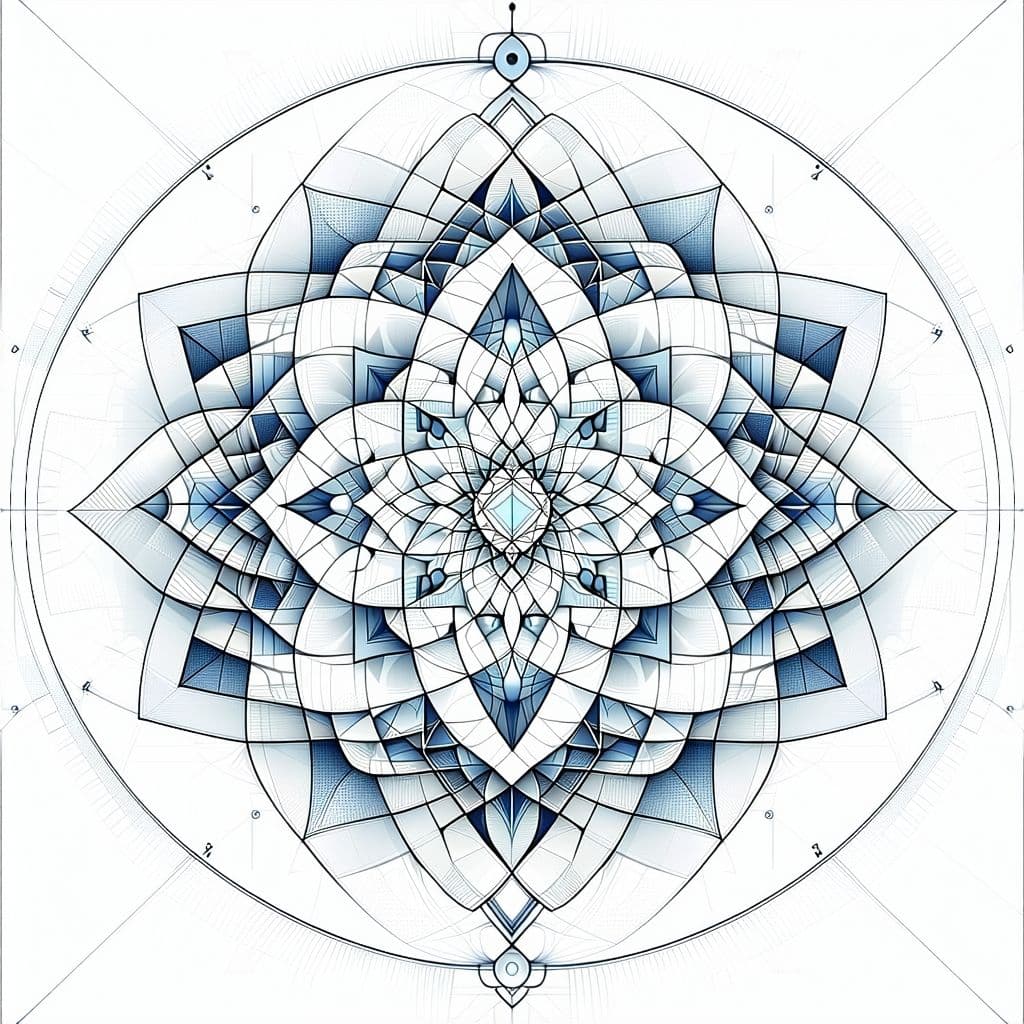 AI generated: **Geometric Harmony:** A symmetrical mandala composed of interlocking geometric shapes, including tr...
