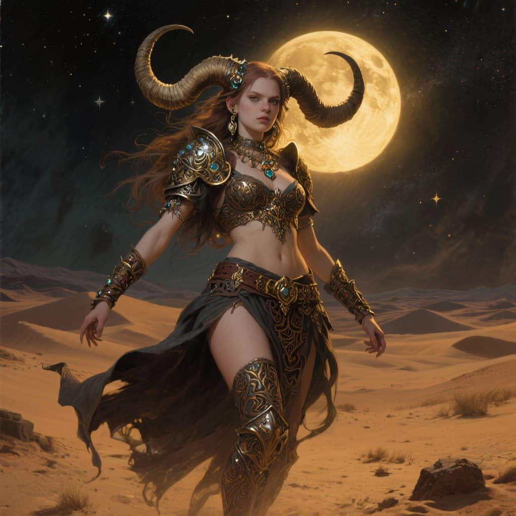 AI generated: A detailed and atmospheric illustration, full body shot of a young beautiful European female horned ...