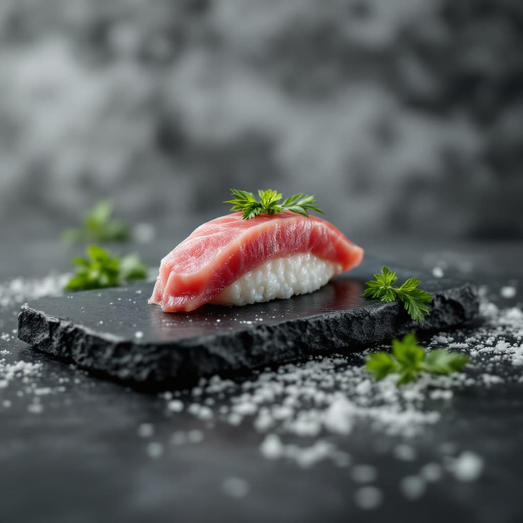AI generated: single fresh thick slice tuna sushi on the stone dark table in the loft style room with light gray h...