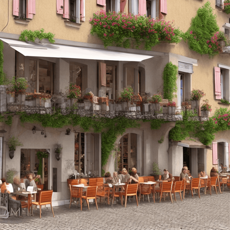AI generated: a cafe on a terrace in a french village, 3D, ultra detailed, modern, 8K