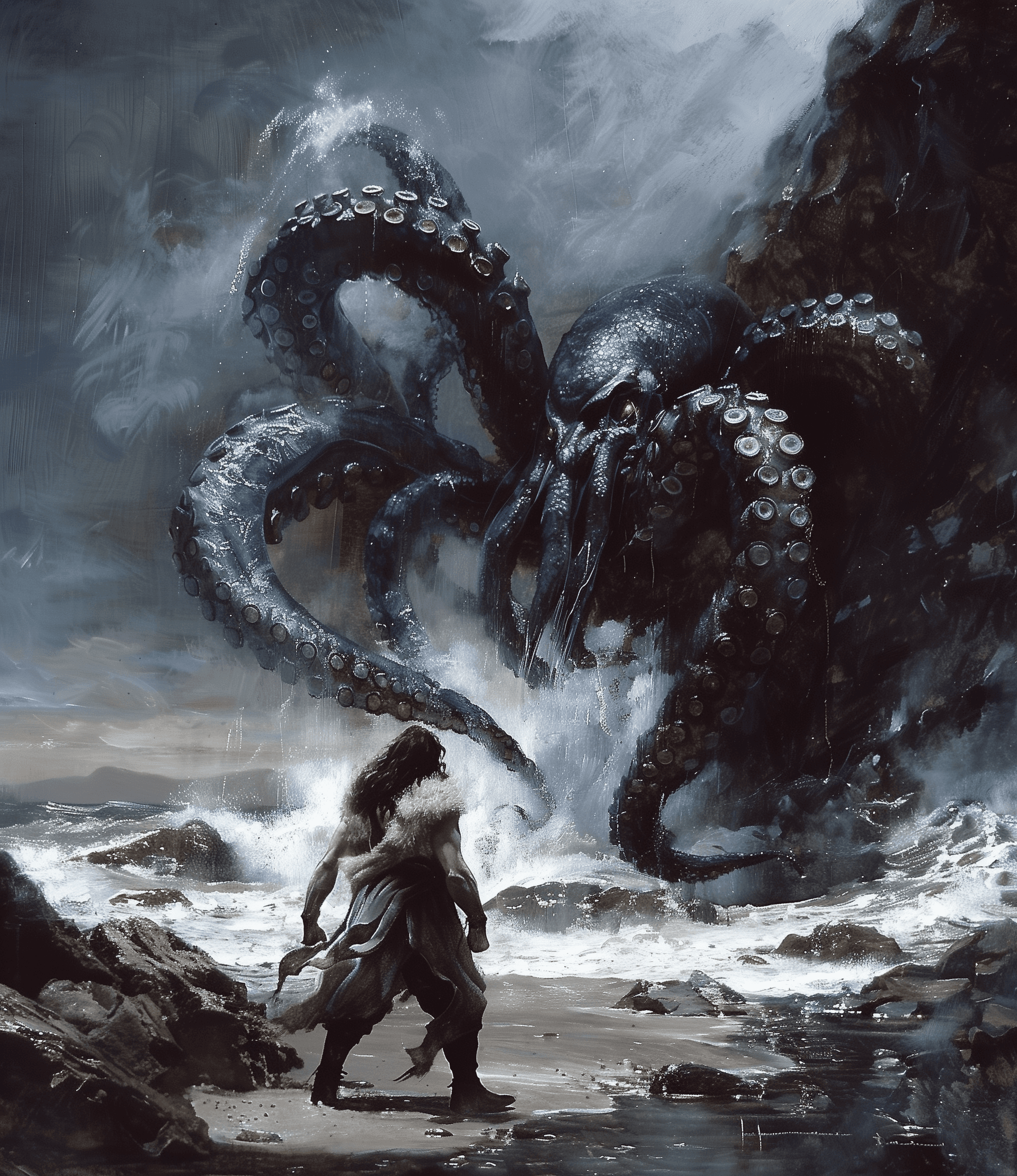 AI generated: A man with white fur fighting a giant octopus on the shore, a dark fantasy style painting in the sty...