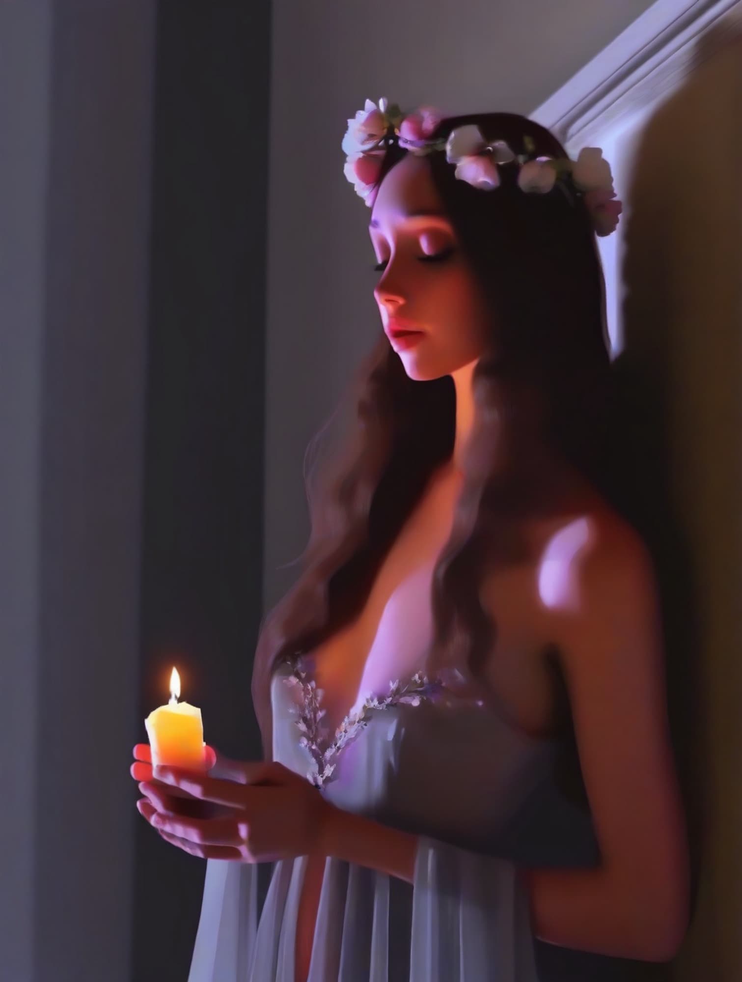 AI generated: From below view. Low warm backlight, misty scene of a woman with long hair with flowers crown, she s...