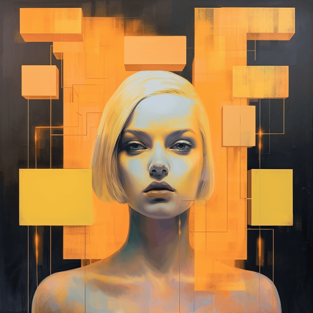 AI generated:  abstract representation of a blonde woman, with floating neon cubes spelling out "AI," set against ...