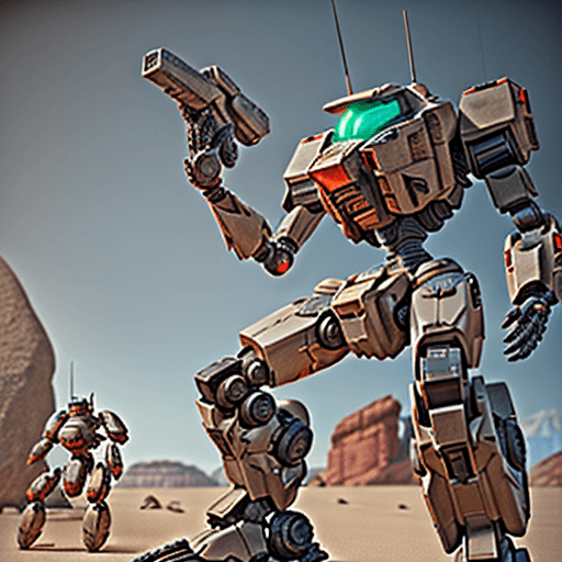 AI generated: a mechwarrior crab head,reverse jointed legs,electronics,details ,concept,in desert with rocks and s...