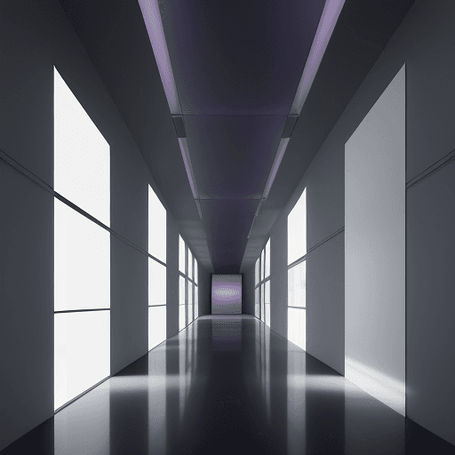 AI generated: architectural photography, perspective, interior space, vertical light panels transition from blue t...