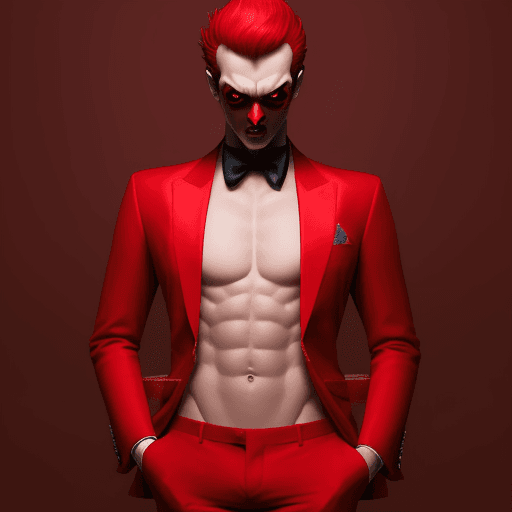 AI generated: cpberpunk wearing red suit with 6 pack underneath red shoes red eyes supervillan