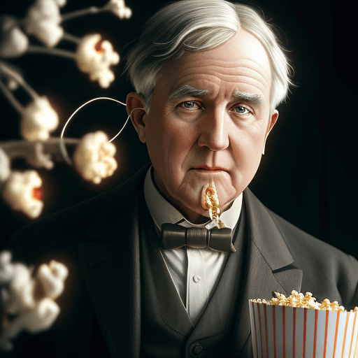 AI generated: Thomas Edison, wearing headsets and eating popcorn sharp focus, studio photo, intricate details, hig...