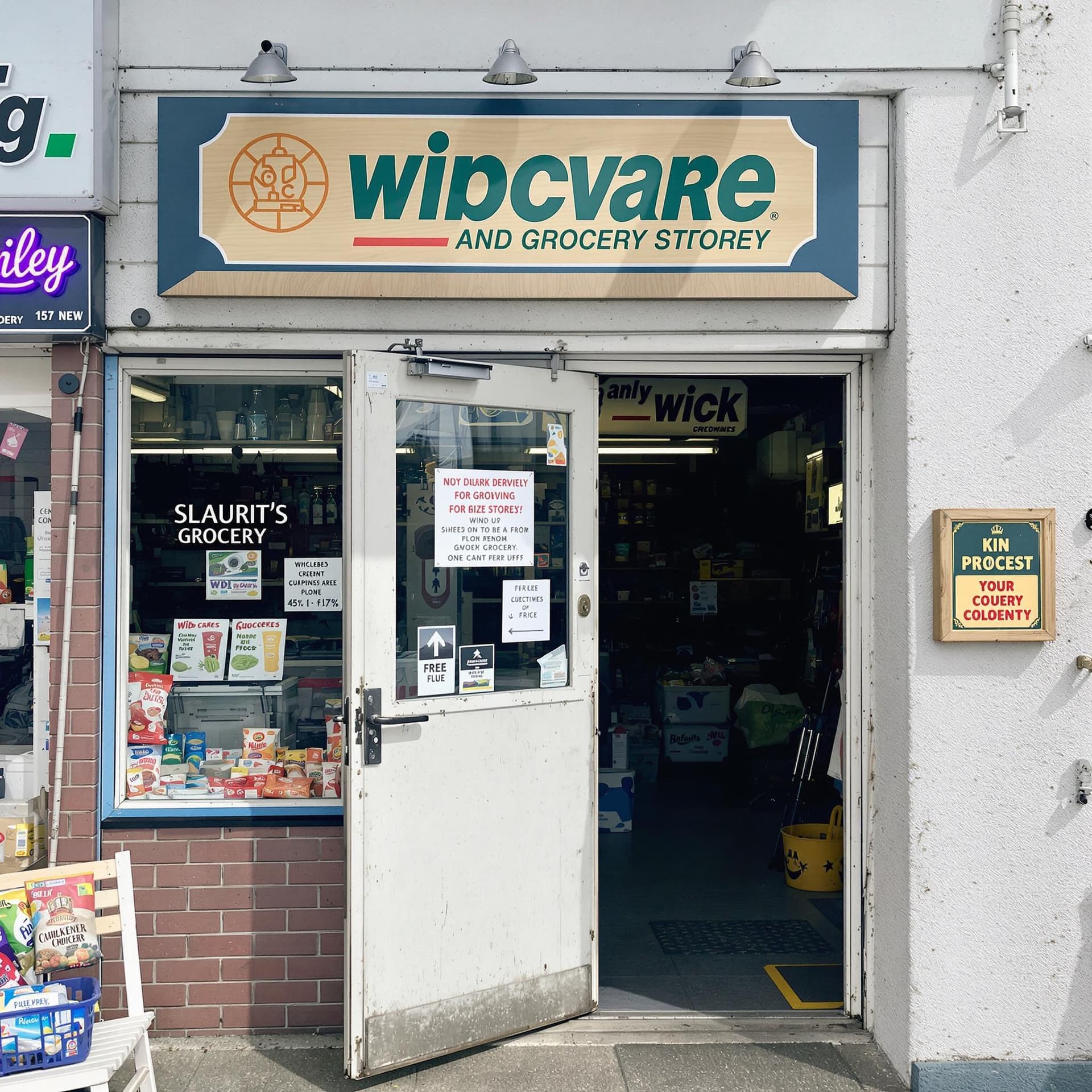 AI generated: The photo shows the entrance door to a small grocery store.

