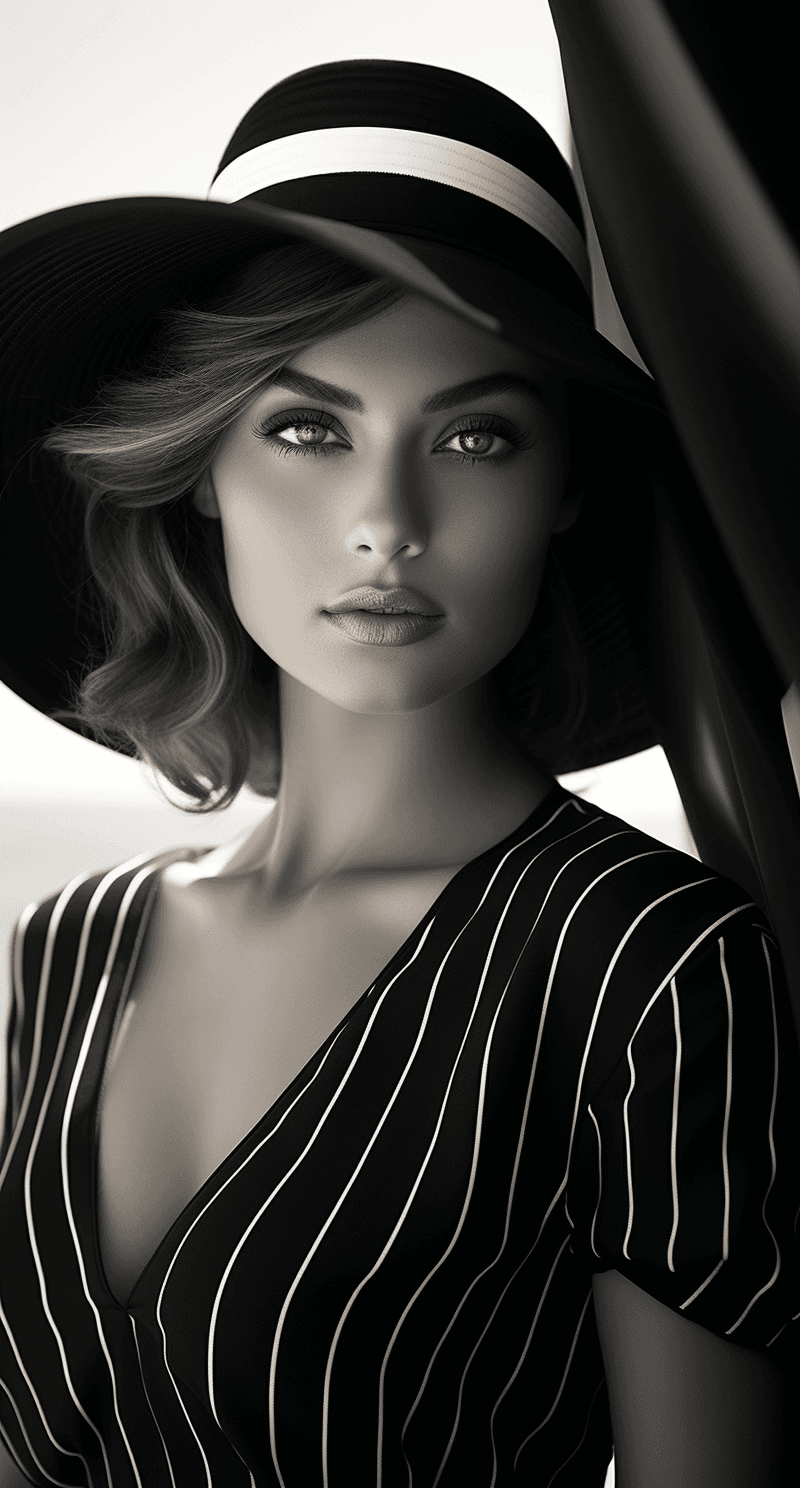 AI generated: a beautiful woman in a black and white photo is shown in a hat, in the style of beach portraits, sat...