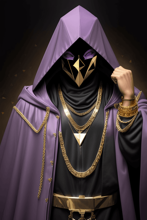 AI generated: Man in purple cloak hood, triangle mask, gold chains and jewellery. Invisible face