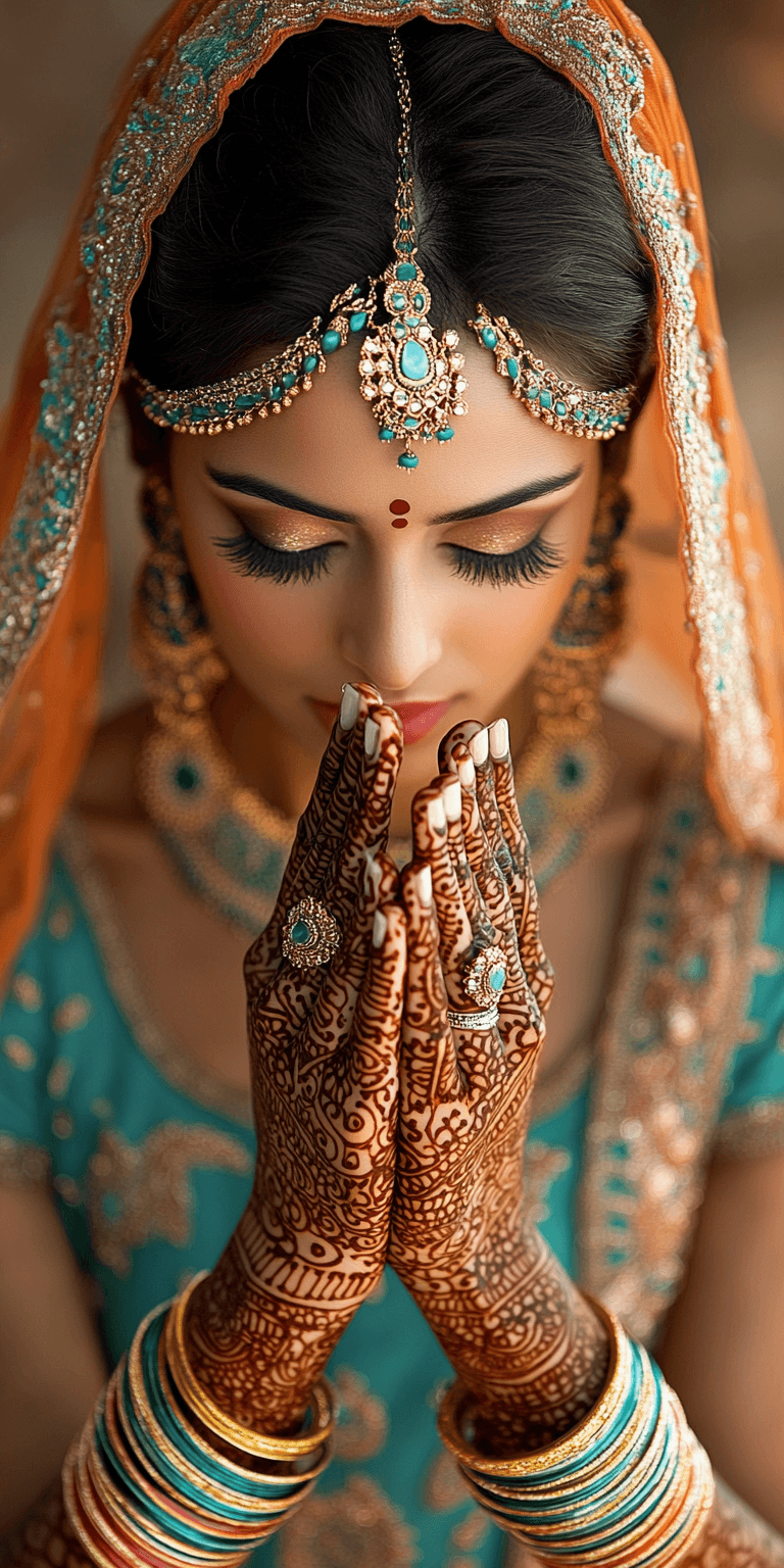 AI generated: a beautiful Indian bride in traditional wear with henna covering her hands, in the style of light re...