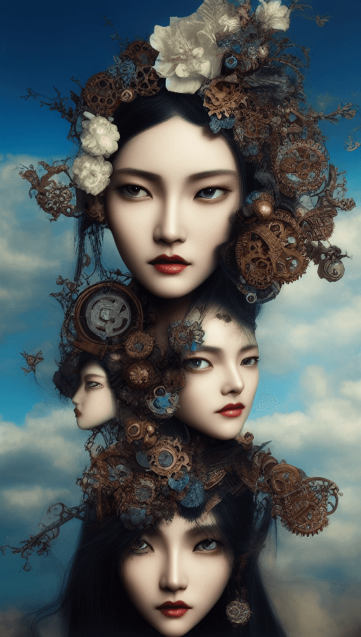 AI generated: a collage of 3 woman's face with sculpted heads, in the style of zhang jingna, intricate steampunk, ...